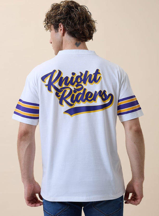 Men White Logo Printed Half Sleeves V-Neck Oversized Cotton T-Shirt