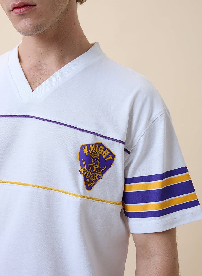 Men White Logo Printed Half Sleeves V-Neck Oversized Cotton T-Shirt