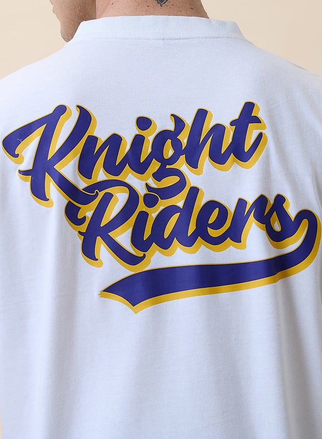 Men White Logo Printed Half Sleeves V-Neck Oversized Cotton T-Shirt