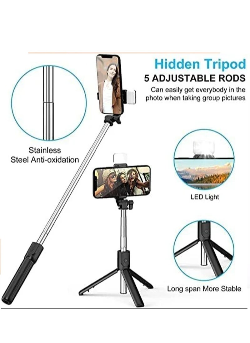 Generic - Bluetooth Selfie Stick with 360° Rotation – Model NO9S, Adjustable Length from 19.5cm to 100cm, Built-in Non-Removable Tripod, 7 Extendable Sections, Remote Control with CR1632 Battery, Lightweight 150g, Made of Stainless Steel + ABS Plastic – Ideal for Stable & Mobile Photography - Image 1