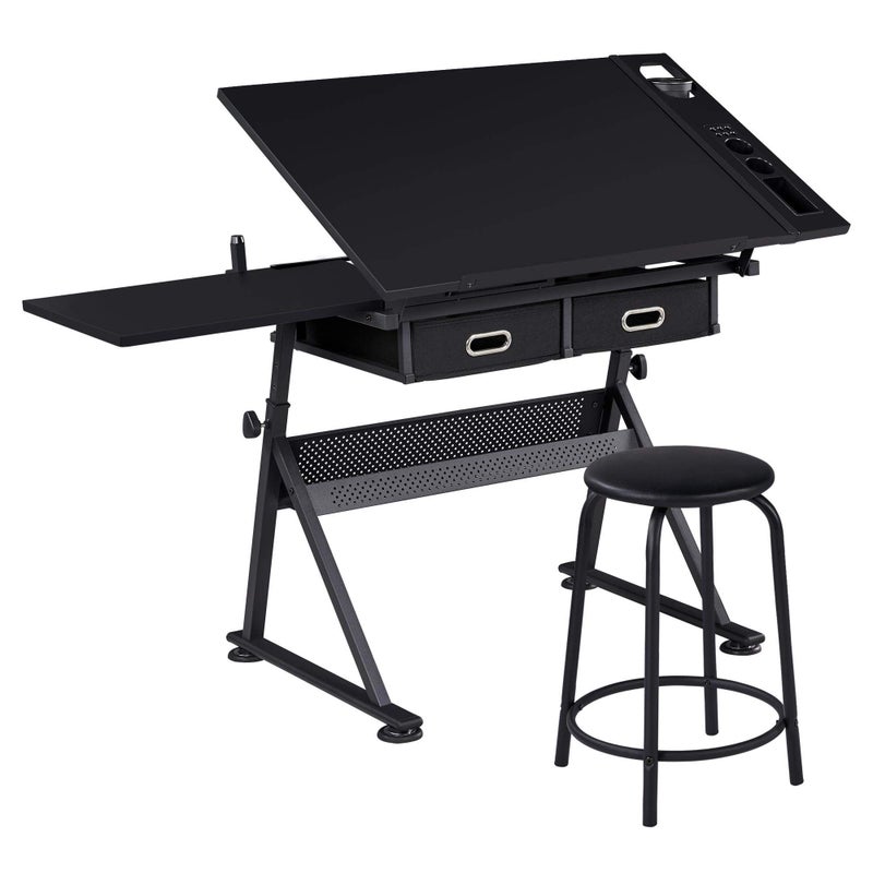 Yaheetech Drafting Table for Artists Height Adjustable Drawing Desk ArtCraft Desk Diamond Paintings Work Station w 2 Storage Drawers and Stool for Home Office School Black