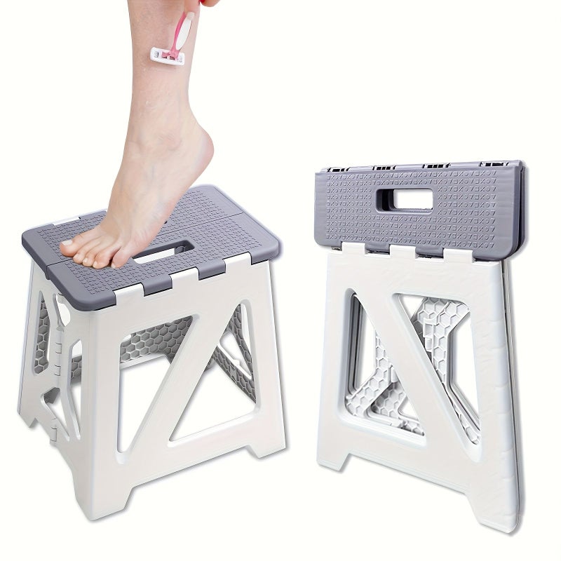 Foldable White Stool With Non-Slip Footrest Sturdy A Frame Base Space Saving Portable Bench - Image 3