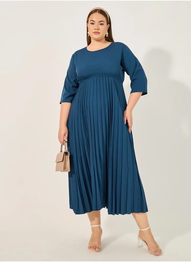 Styli Plus Size Solid Accordion Pleated A-Line Midi Dress