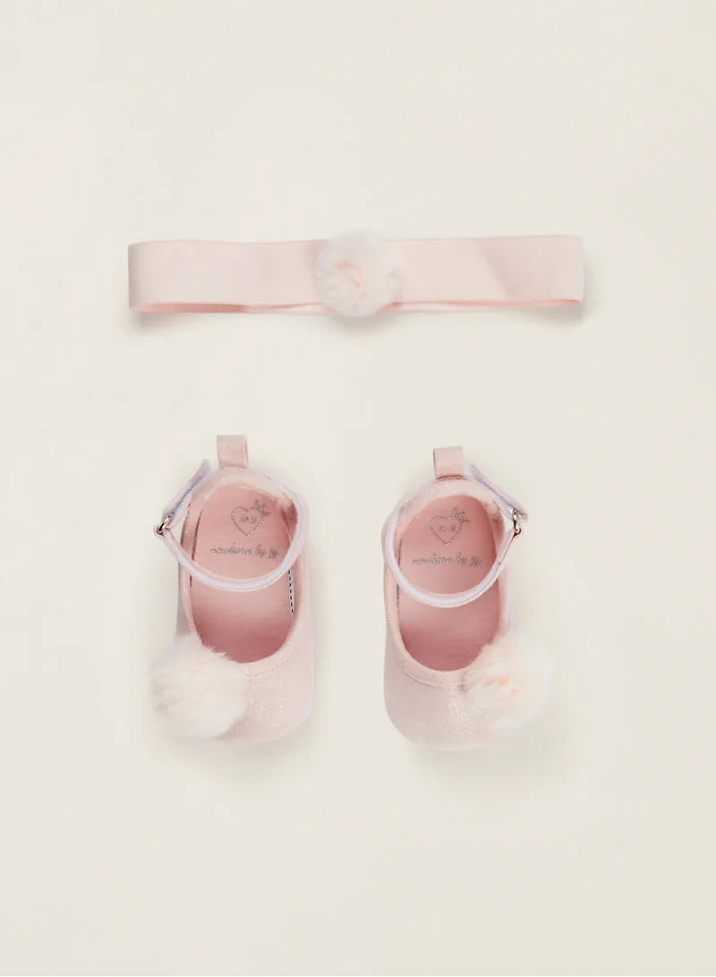 Zippy Zippy Ballet Pumps + Headband With Pompom For Newborn Baby Girls - Pink