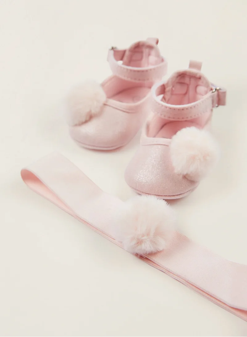 Zippy Zippy Ballet Pumps + Headband With Pompom For Newborn Baby Girls - Pink