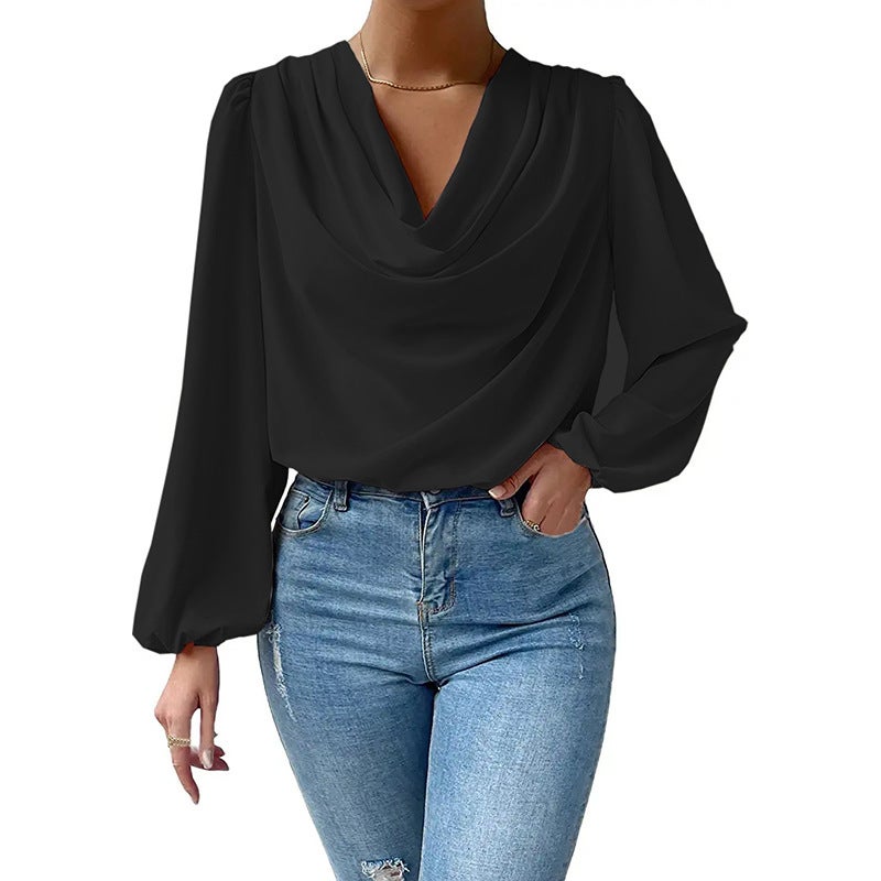 2024 Elegant Chiffon Lantern Sleeve Blouse for Women Black - Image 1