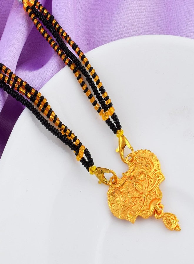 DULCI Antique Gold Plated Designer Mangalsutra with Engraved Pendant & Black Beads Chain - Image 4