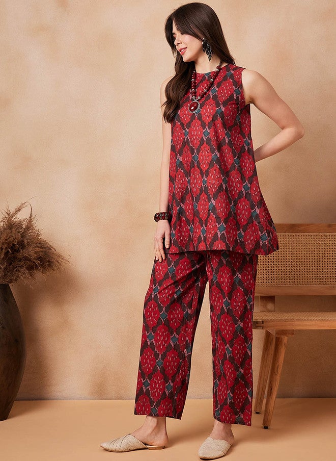 InWeave Red Printed Pure Cotton Tunic With Trouser - Image 4