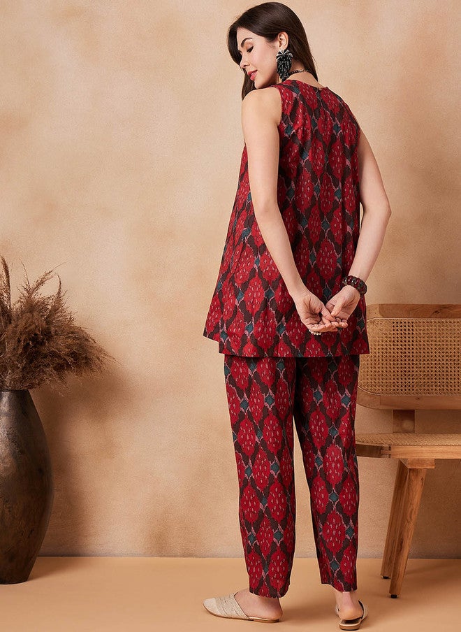 InWeave Red Printed Pure Cotton Tunic With Trouser - Image 5