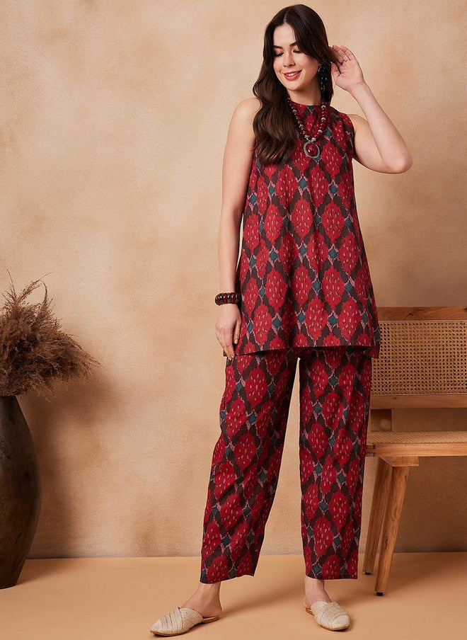 InWeave Red Printed Pure Cotton Tunic With Trouser - Image 1