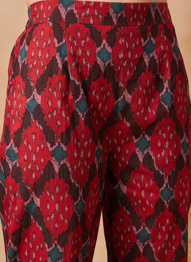 InWeave Red Printed Pure Cotton Tunic With Trouser - Image 3