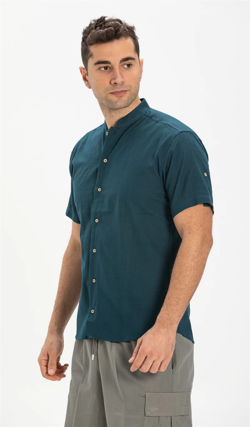 اليش شيل بيزي Short Sleeve Şile Cloth Bodrum Men's Shirt Dark Petrol 3069