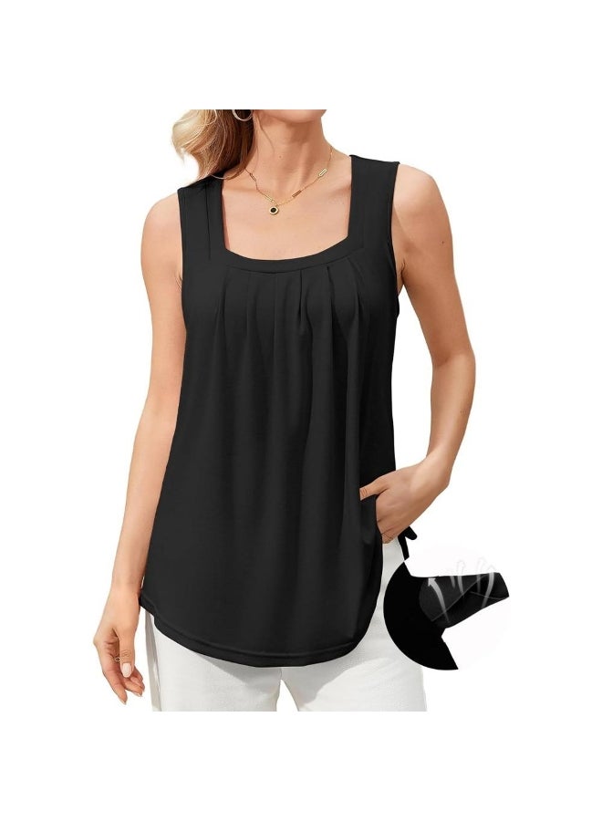 CharmLeaks Charmleaks Tank Top Built in Bras for Women Summer Pleated Square Neck Tops Flowy Sleeveless Shirts