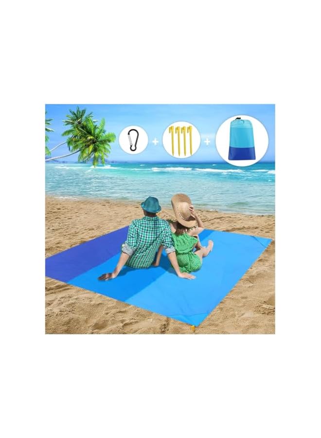 PROMASS promass Beach Mat Picnic Blanket Waterproof Sandproof Extra Large 210 x 200CM Beach Blanket Outdoor Portable Picnic Mat with 4 Fixed Nails and Storage Bag for Beach Park Camping Hiking Travel, Blue - Image 2