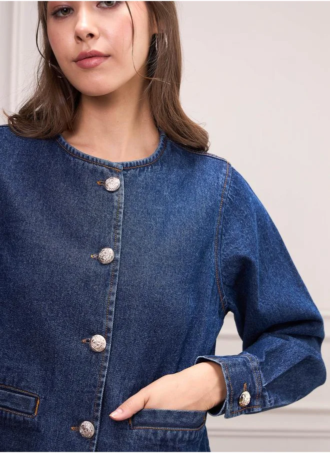 ساسافراس Washed Denim Front Button Jacket by Styli