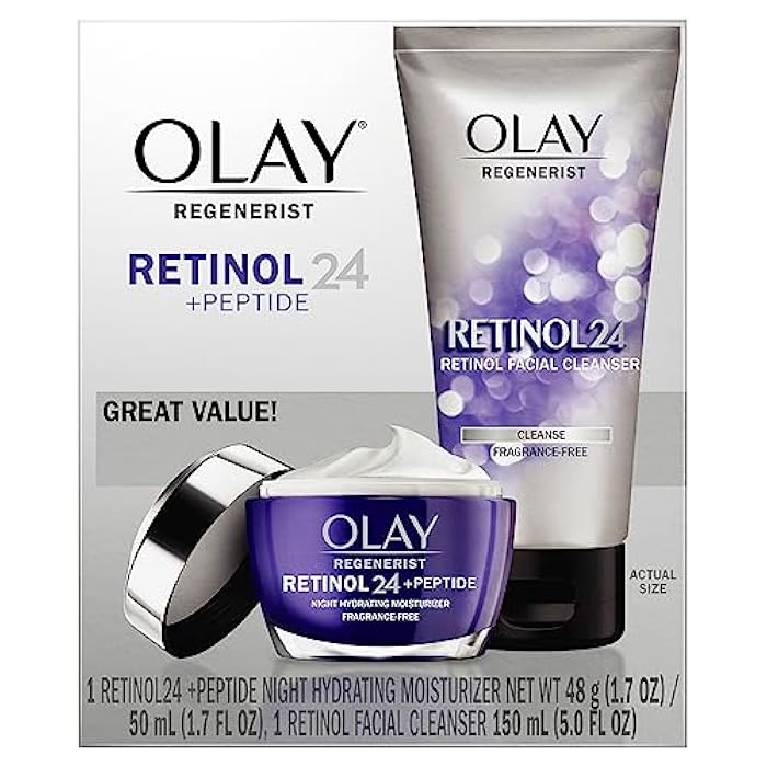 Olay Retinol 24 Duo Pack, Renewing Exfoliating Cleanser, FragranceFree 5.0 FL oz, Night Moisturizer, Fragrance-Free, 1.7 oz, 4ct Retinol Cleansing Melts - Image 1