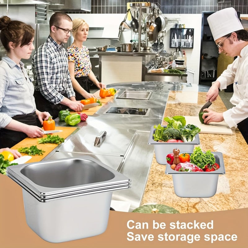 4Pcs Stainless Steel Hotel Pan Set 1/6 Size 10 Deep Steam Flat Bottom Trays - Image 4