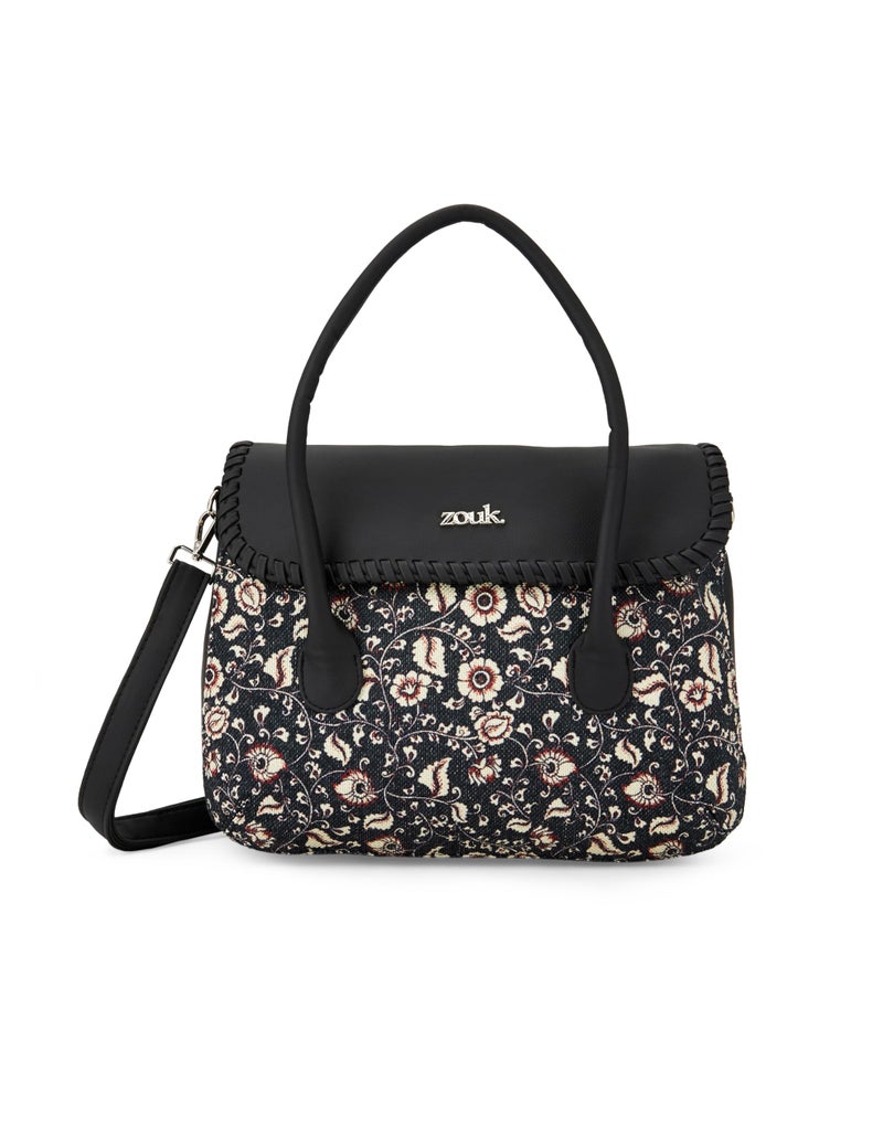 ZOUK Chittor Blue Kalamkari Floral Printed Jute Handcrafted Vegan Leather Dark Blue Women's Satchel Bag | Ladies Purse Handbag | Double Handle Detachable Strap - Image 1