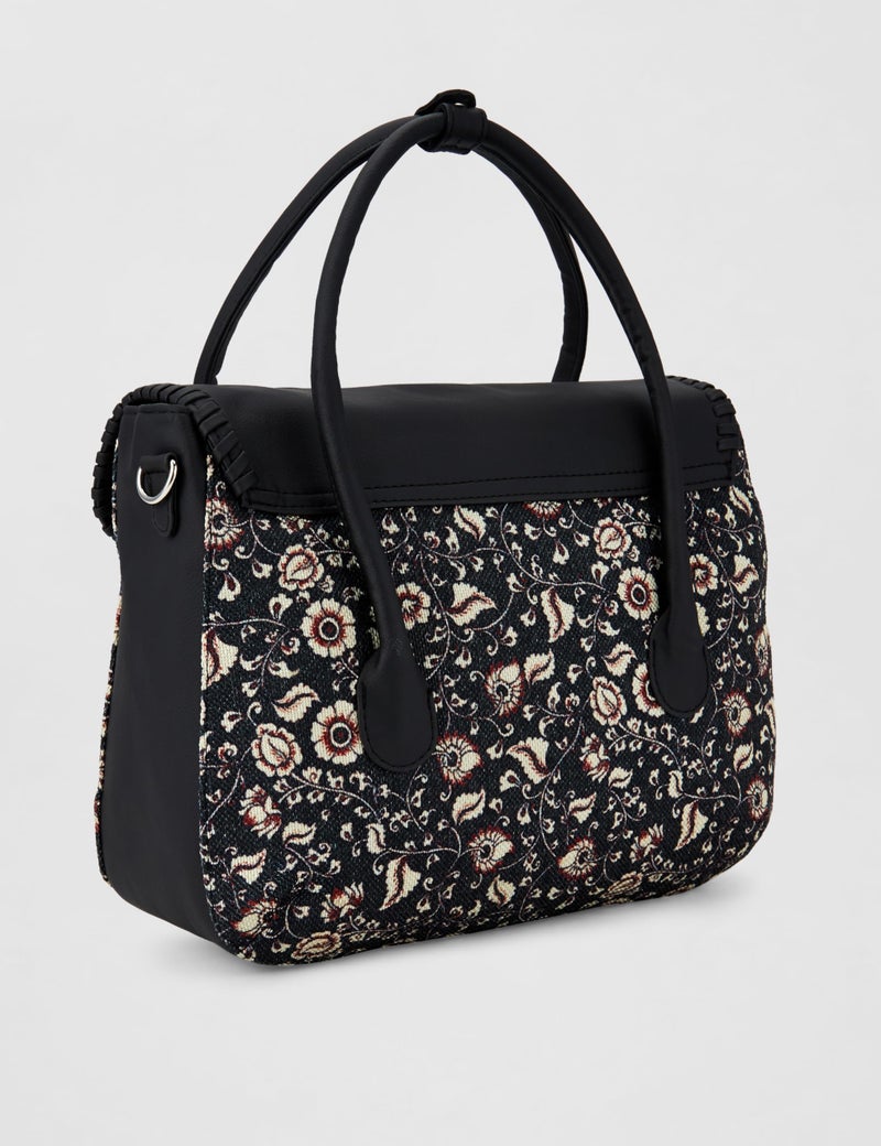 ZOUK Chittor Blue Kalamkari Floral Printed Jute Handcrafted Vegan Leather Dark Blue Women's Satchel Bag | Ladies Purse Handbag | Double Handle Detachable Strap - Image 3