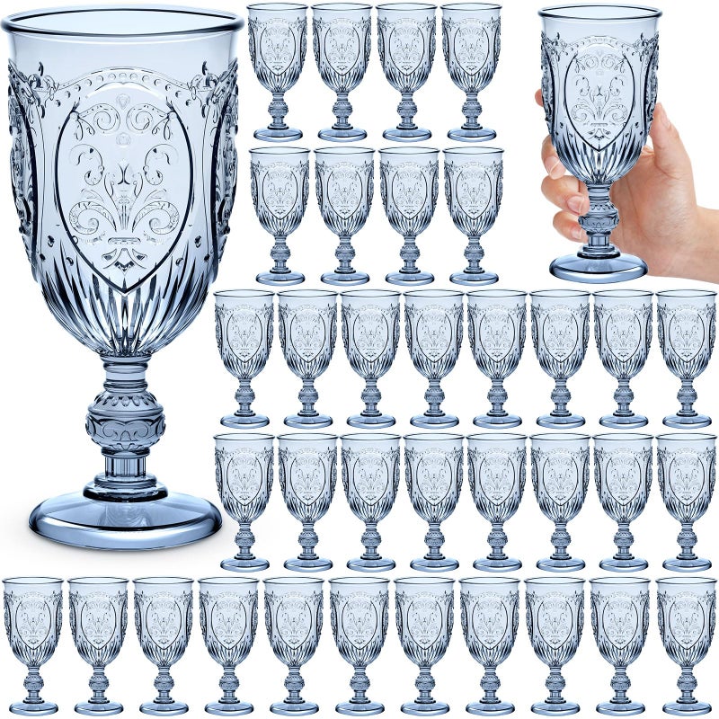 Wiwiqing 36 Pack Plastic Goblets 10oz Upgrade Vintage Water Goblet Plastic Wine Glasses Colored Retro Embossed Glassware for Party Wine Bar Juice Baby Shower Wedding Reception Grand Blue - Image 2