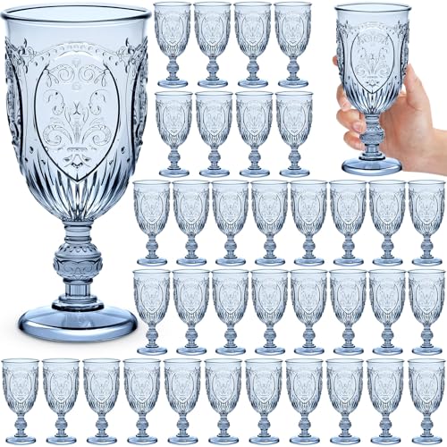 Wiwiqing 36 Pack Plastic Goblets 10oz Upgrade Vintage Water Goblet Plastic Wine Glasses Colored Retro Embossed Glassware for Party Wine Bar Juice Baby Shower Wedding Reception Grand Blue - Image 1