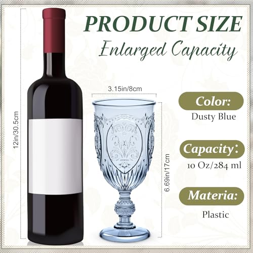 Wiwiqing 36 Pack Plastic Goblets 10oz Upgrade Vintage Water Goblet Plastic Wine Glasses Colored Retro Embossed Glassware for Party Wine Bar Juice Baby Shower Wedding Reception Grand Blue - Image 3