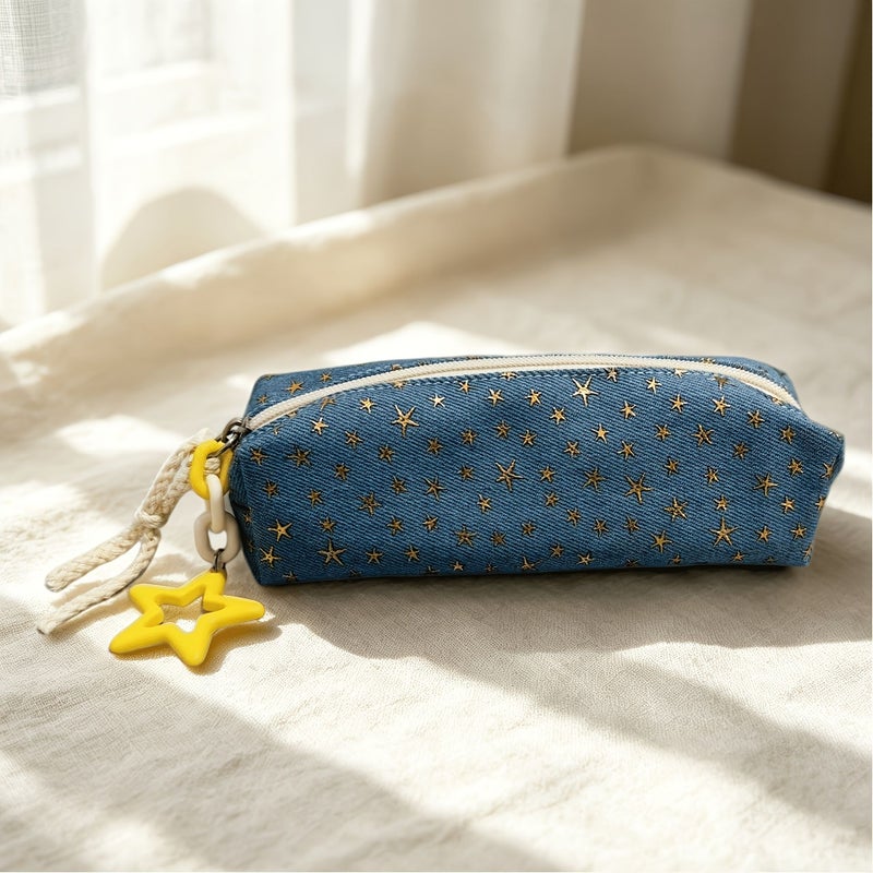 Japanese Style Cowboy Stars Golden Foil Star Pencil Case Vintage Denim Blue Base Star Shaped Embellishments High Quality Premium Texture Yellow Star Charm - Image 1
