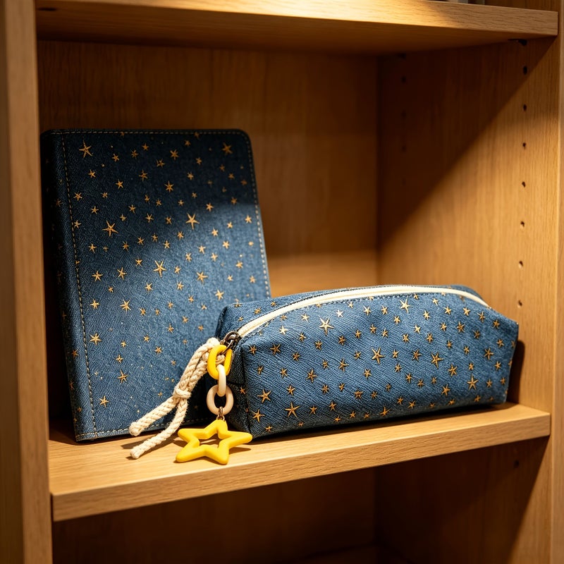 Japanese Style Cowboy Stars Golden Foil Star Pencil Case Vintage Denim Blue Base Star Shaped Embellishments High Quality Premium Texture Yellow Star Charm - Image 3
