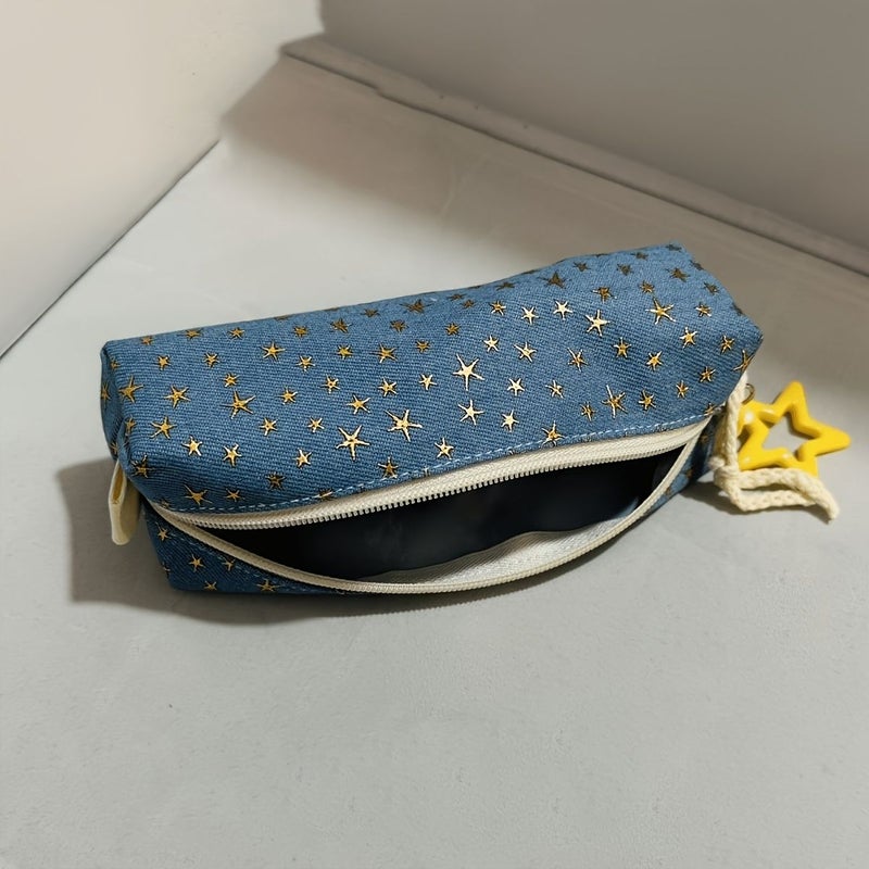 Japanese Style Cowboy Stars Golden Foil Star Pencil Case Vintage Denim Blue Base Star Shaped Embellishments High Quality Premium Texture Yellow Star Charm - Image 2