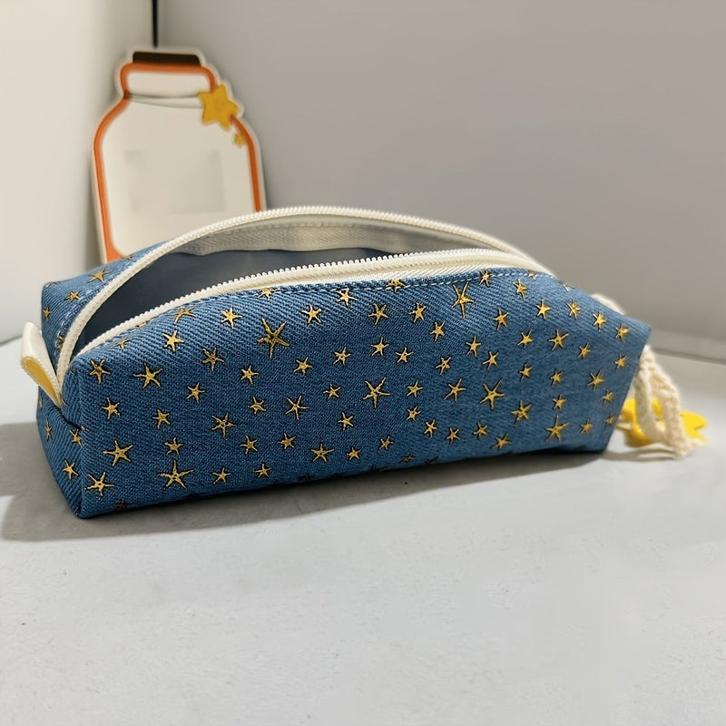 Japanese Style Cowboy Stars Golden Foil Star Pencil Case Vintage Denim Blue Base Star Shaped Embellishments High Quality Premium Texture Yellow Star Charm - Image 5