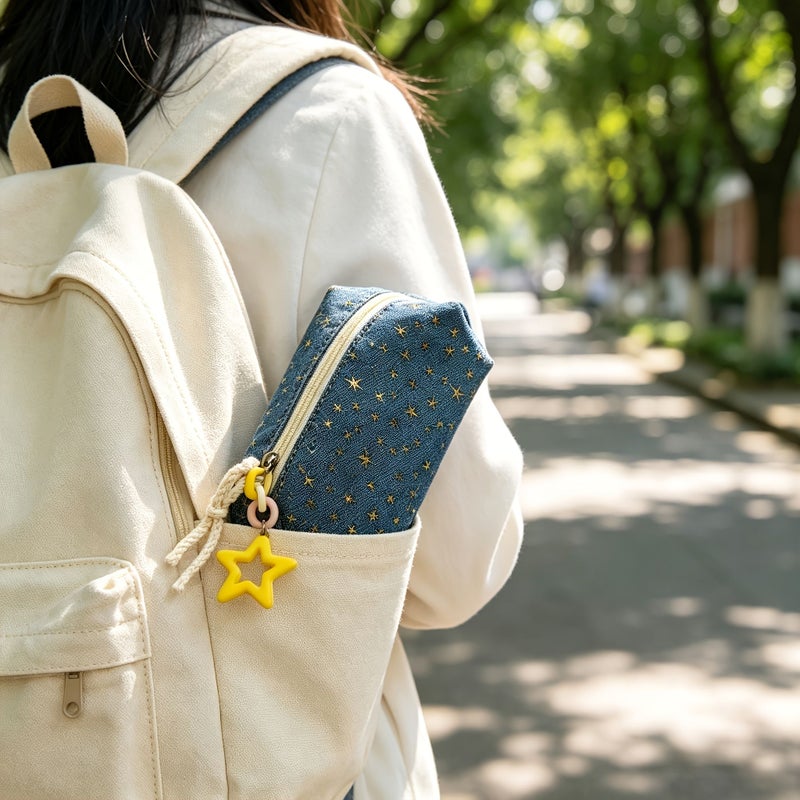 Japanese Style Cowboy Stars Golden Foil Star Pencil Case Vintage Denim Blue Base Star Shaped Embellishments High Quality Premium Texture Yellow Star Charm - Image 4