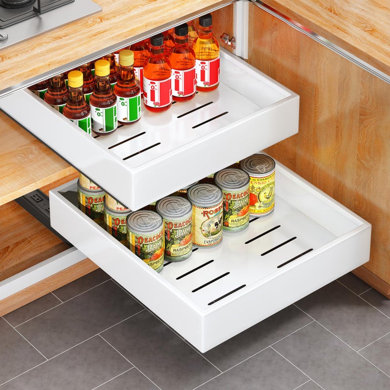 Kitstorack Pull out Cabinet Organizer, 21"Deep, Heavy Duty Full-Extension Slide out Drawers for Kitchen Cabinets with Nano Adhesive, Roll Out Shelf Sliding Cabinet for Pots, Bathroom, Pantry, Under Sink, White - Image 1