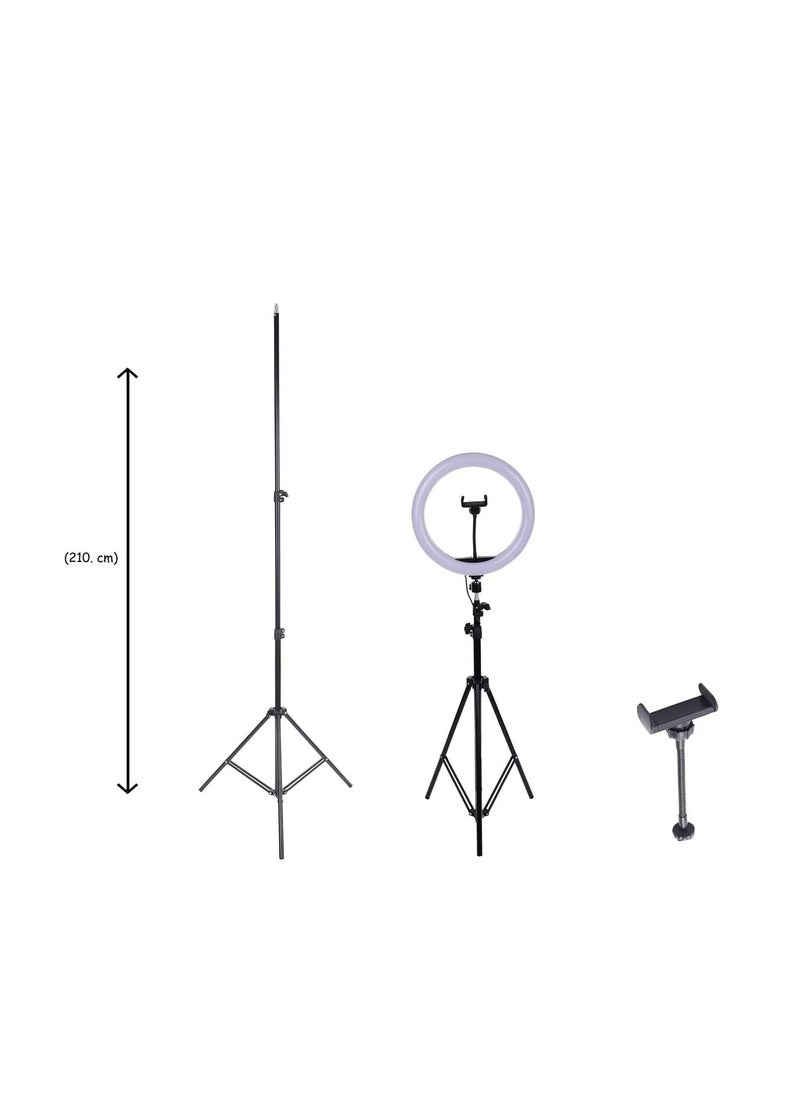 Generic - Ring Light for Live Streaming and Professional Photography with 360 Degree Rotation 33cm with Mobile Holder and 2.1m Tripod - White and Black - Image 1