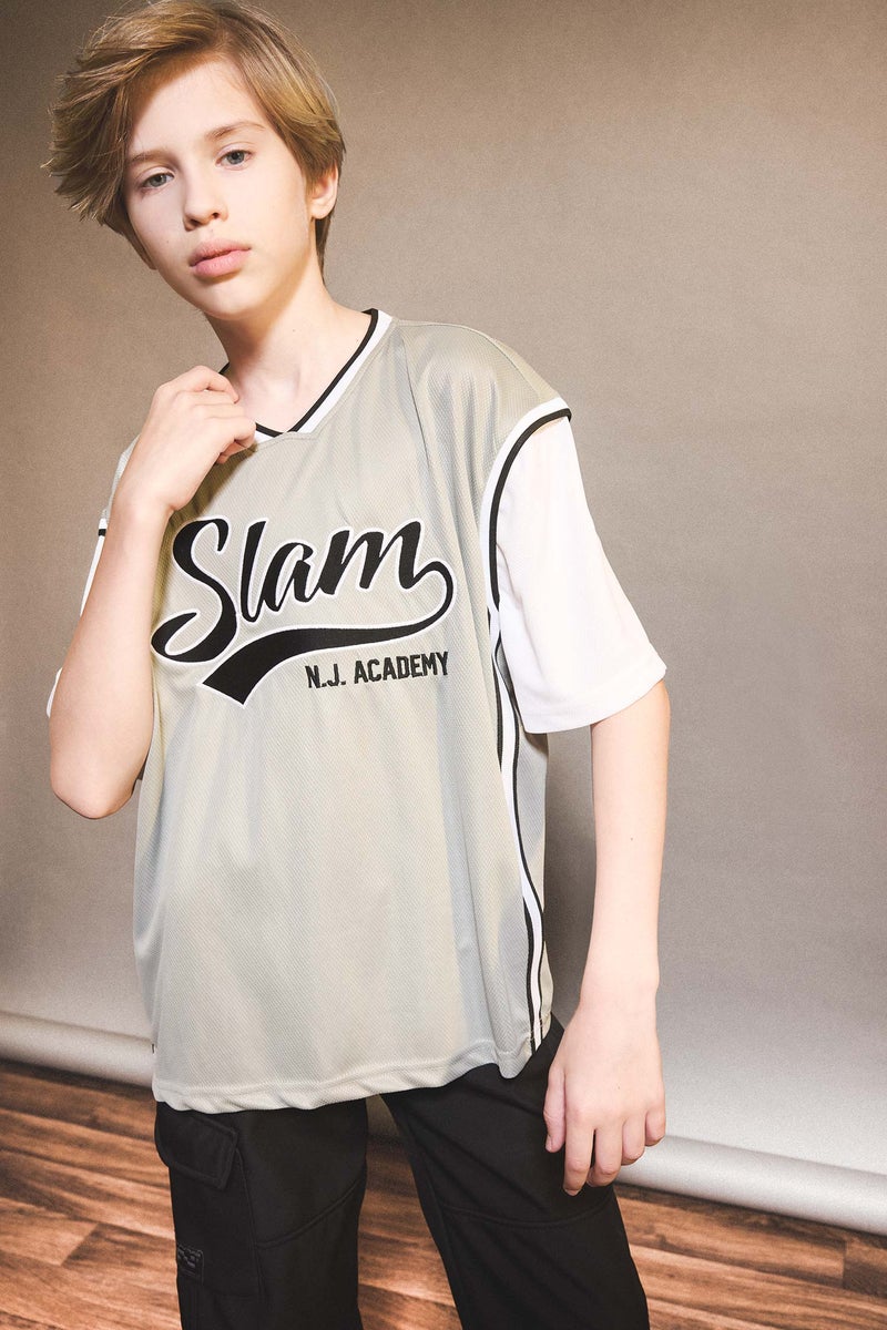 DeFacto Grey Boy Boy Oversize V-Neck Tulle T-Shirt Casual - Image 1