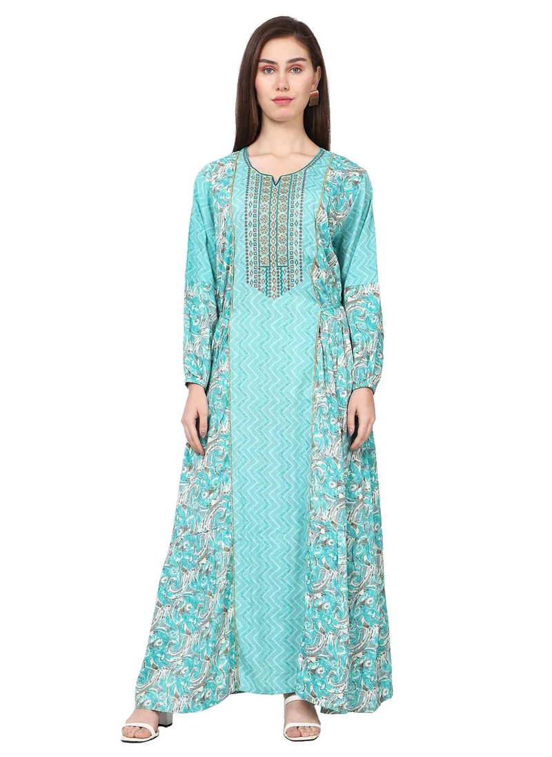 هانا آند سارا THREAD EMBROIDERY LONG VISCOSE PRINTED BLUE COLOUR STYLISH ELEGANT ARABIC KAFTAN JALABIYA DRESS