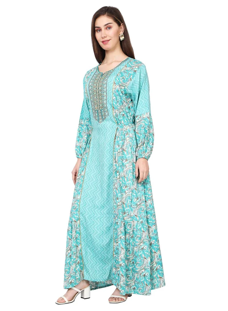 HANA & SARA THREAD EMBROIDERY LONG VISCOSE PRINTED BLUE COLOUR STYLISH ELEGANT ARABIC KAFTAN JALABIYA DRESS