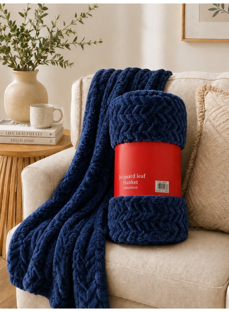 Home auraa Auraa King Jacquard blanket 280gsm, 200x240cm Navy Blue - Image 1