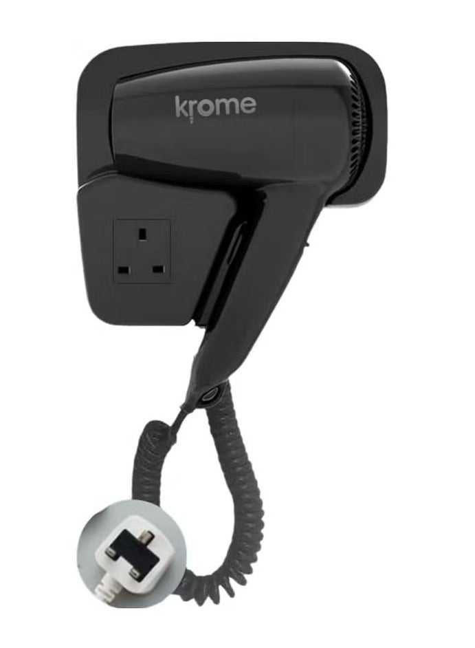 كروم مجفف شعر فندقي قوة 1300 وات مع مخرج طاقة ثلاثي (اسود) يمكن تركيبه على الجدار - Image 1