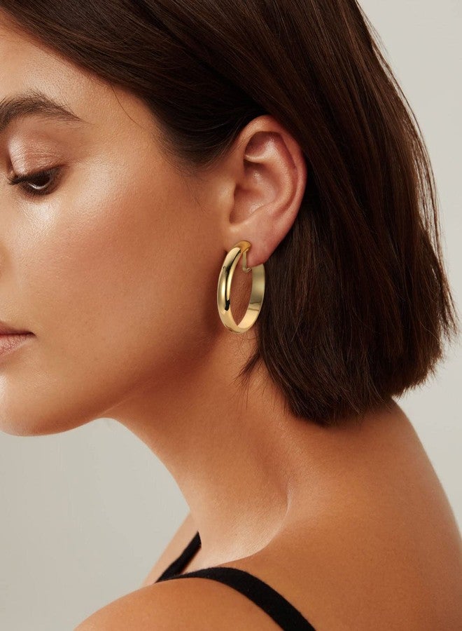 WOWORAMA Gold 30mm Large Chunky Hoop Clip On Earrings - No Piercing, Flat Hoop Earrings - Image 5