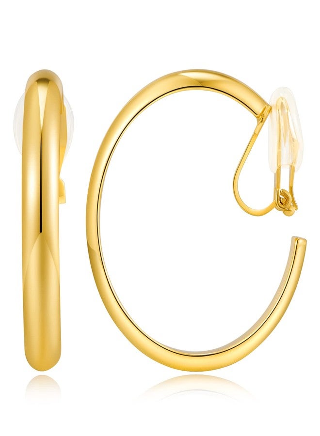 WOWORAMA Gold 30mm Large Chunky Hoop Clip On Earrings - No Piercing, Flat Hoop Earrings - Image 1