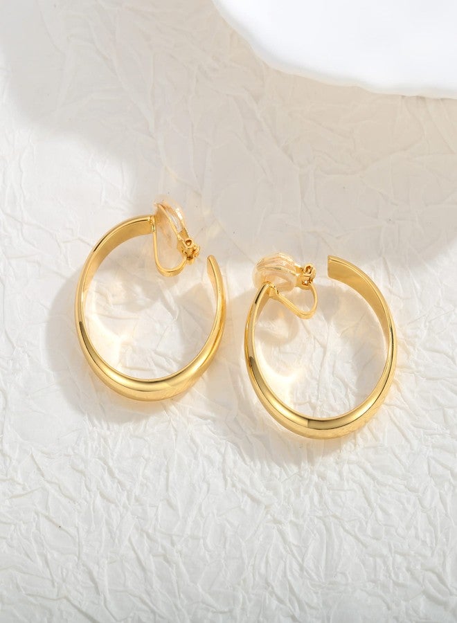 WOWORAMA Gold 30mm Large Chunky Hoop Clip On Earrings - No Piercing, Flat Hoop Earrings - Image 3