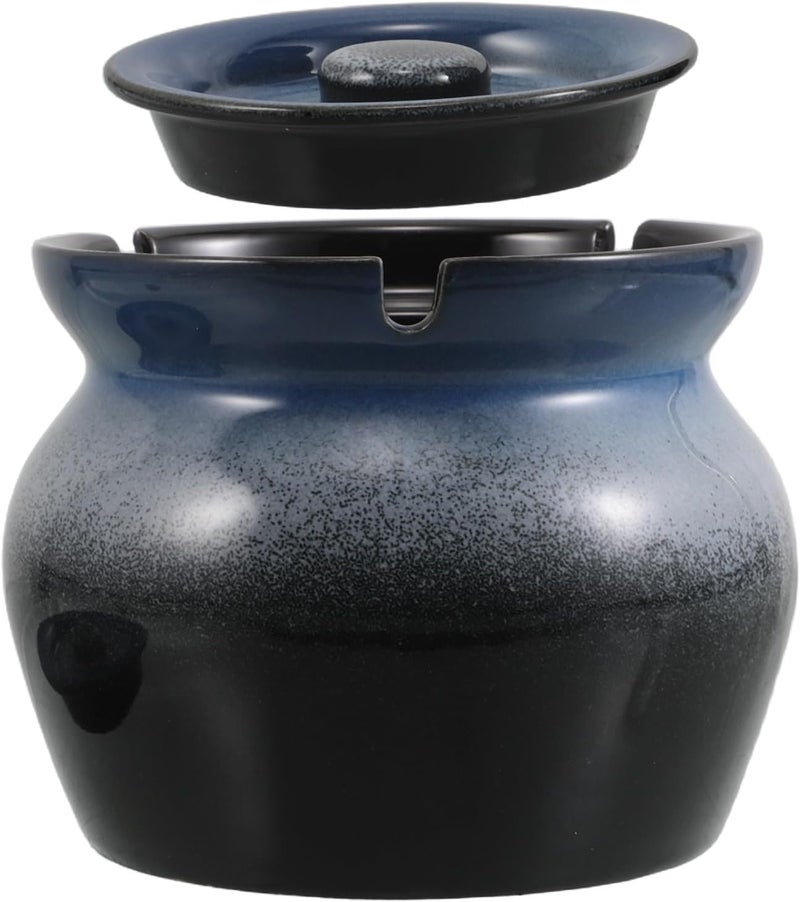 Ceramic Ashtray with Lid, Retro Portable Smoke Tray, Gradient Blue Tabletop Ashtray for Indoor Outdoor Use, Windproof Decorative Ash Holder for Home Patio Balcony - Image 1