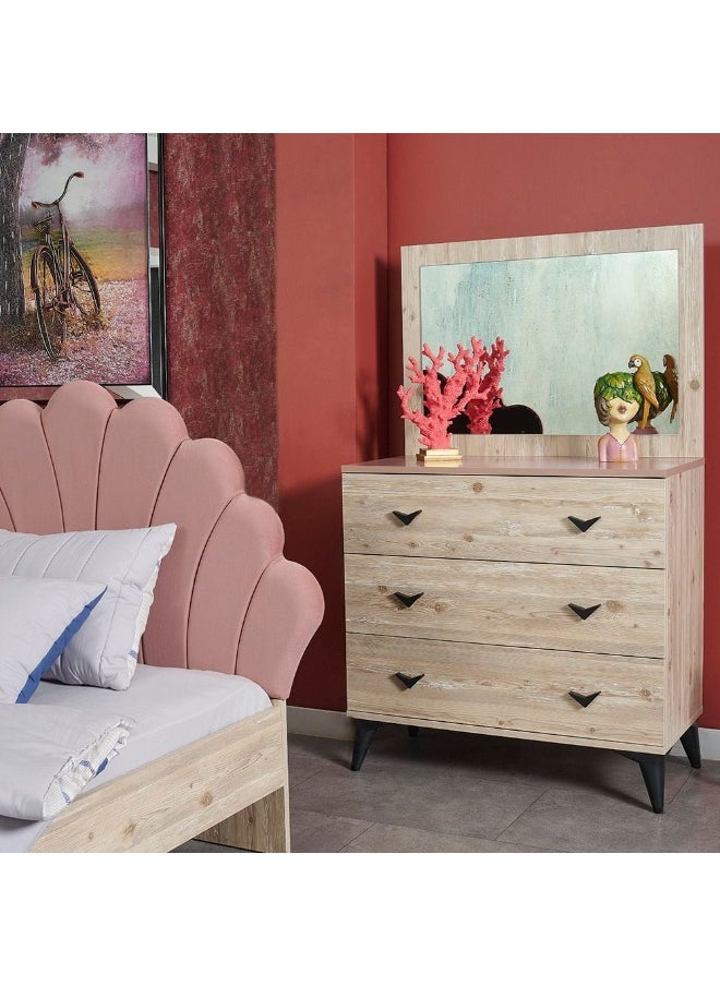 DANUBE HOME Bliss 3 Drawer Dresser With Mirror Durable Vanity Table Dressing Makeup Desk With Storage Modern Design Bedroom Furniture (Made In Turkey) L42xW142.8xH85cm-Oak And Pink  - Image 2