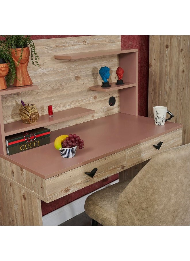 DANUBE HOME Bliss 3 Drawer Dresser With Mirror Durable Vanity Table Dressing Makeup Desk With Storage Modern Design Bedroom Furniture (Made In Turkey) L42xW142.8xH85cm-Oak And Pink  - Image 1