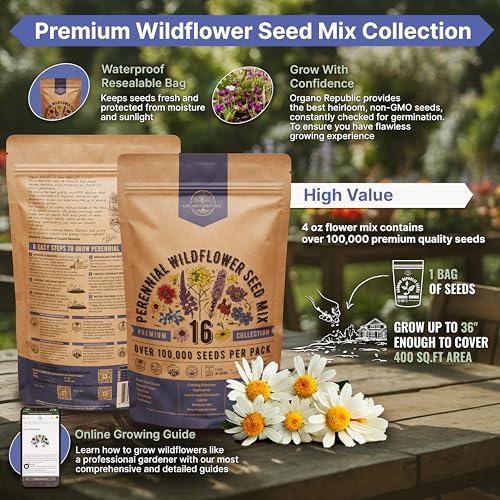 Organo Republic 16 Perennial Wildflower Seeds Mix for Indoor & Outdoors. 100,000+ Non-GMO, Heirloom Wildflower Garden Seeds, 4oz Packet for Growing Wild Flowers to Attract Bees, Butterflies & Birds - Image 2