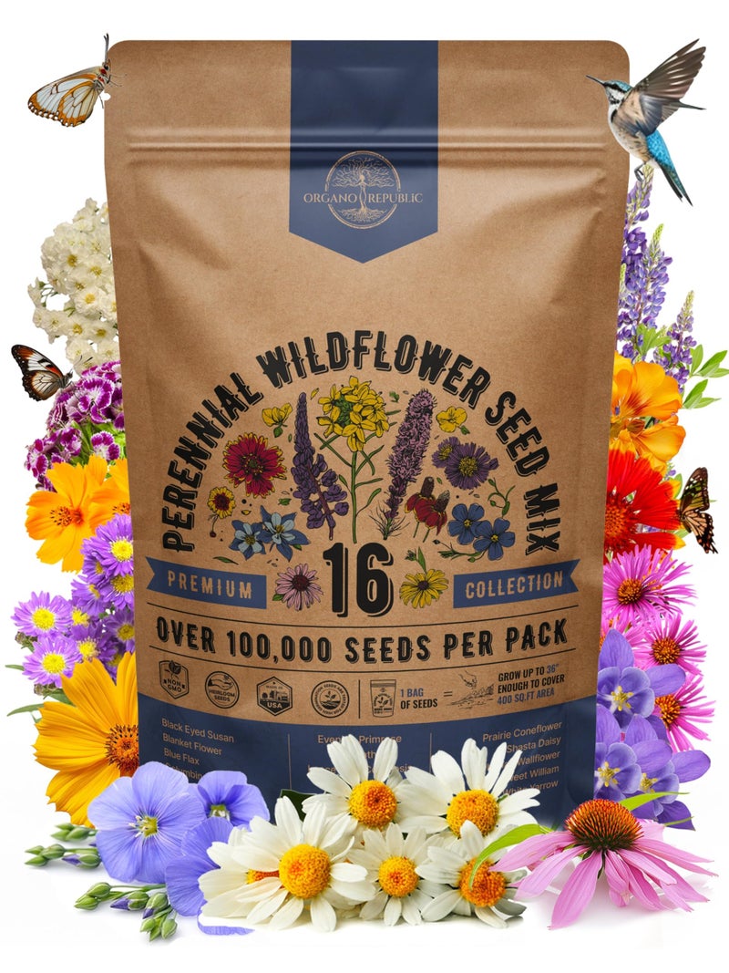 Organo Republic 16 Perennial Wildflower Seeds Mix for Indoor & Outdoors. 100,000+ Non-GMO, Heirloom Wildflower Garden Seeds, 4oz Packet for Growing Wild Flowers to Attract Bees, Butterflies & Birds - Image 1