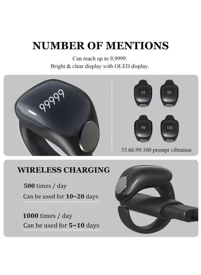 Bukela Tasbih Zikr Smart Praise Ring, Adjustable Praise Ring Finger Counter with 5 Sizes (16/18/20/22/24mm), APP Support Digital Counter Prayer Reminder Rings, Waterproof 4 Digit Finger Counter Zikr Ring for Muslims (Black) - Image 4