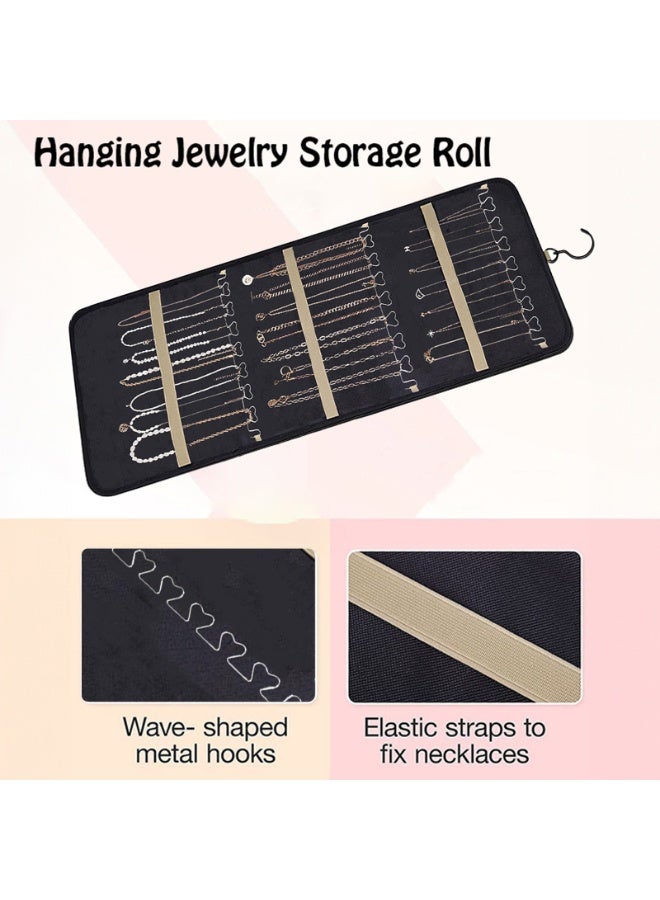 Soofam Hanging Jewelry Organizer Storage Roll with Hanger Metal Hooks Double-Sided Jewelry Holder for Earrings, Necklaces, Rings on Closet, Wall, Door, 1 piece, Medium, Black - Image 2