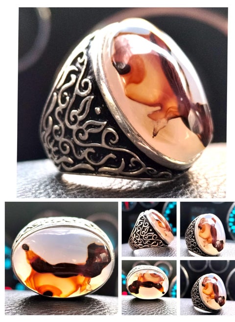 Elegant silver ring with a huge  rare Dendritic White Yemini  agate gemstone , size can be fixed to your size easily