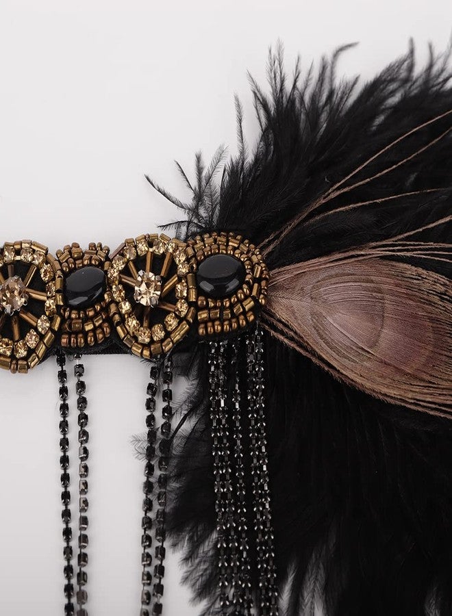 Aimimier 1920s Flapper Feather Headband Crystal Tassel Black Headpiece with Beaded Elastic Head Chain Masquerade Hair Accessories for Women - Image 3